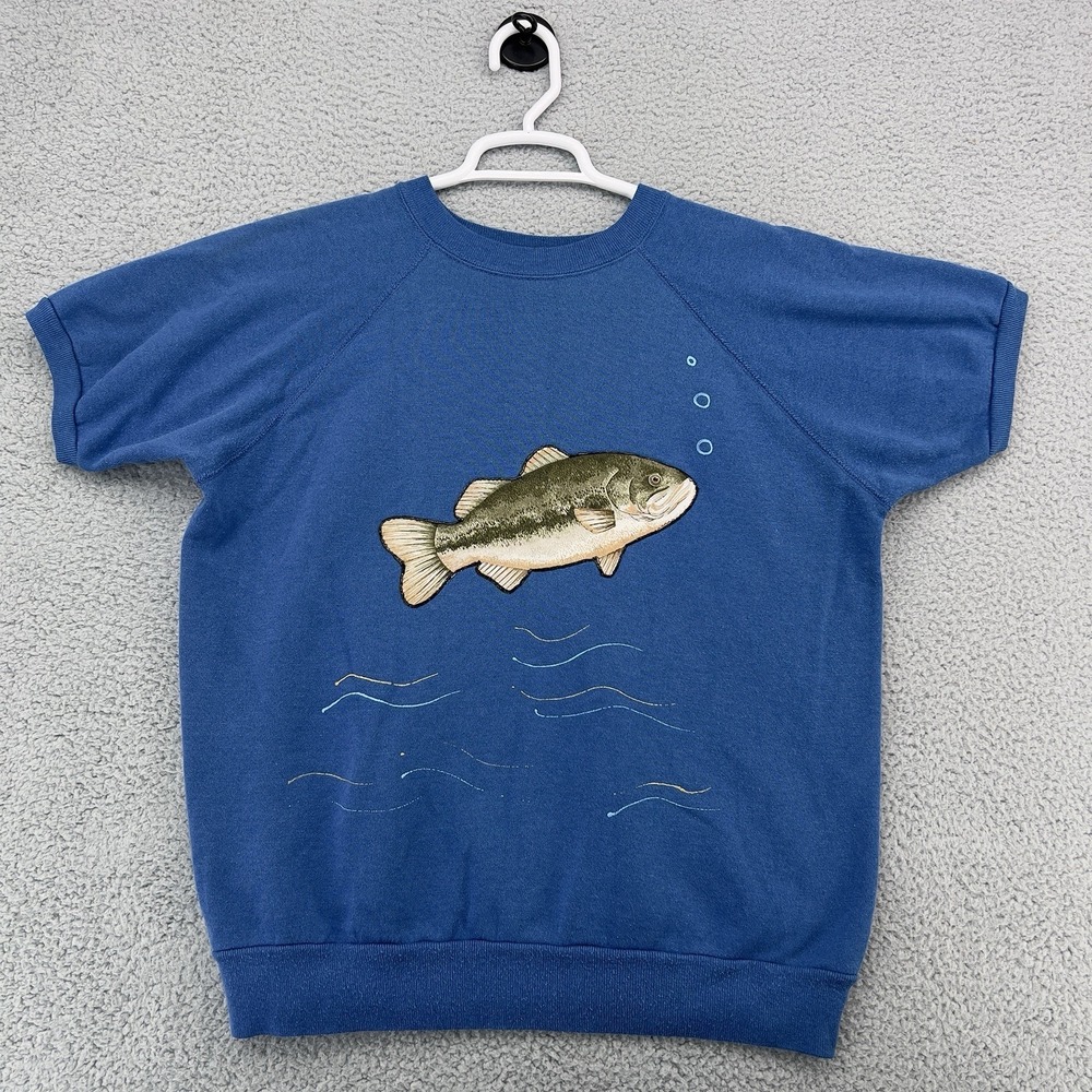 Vintage Action Fish Graphic Sweatshirt Blue Made In USA Size Large 42-44